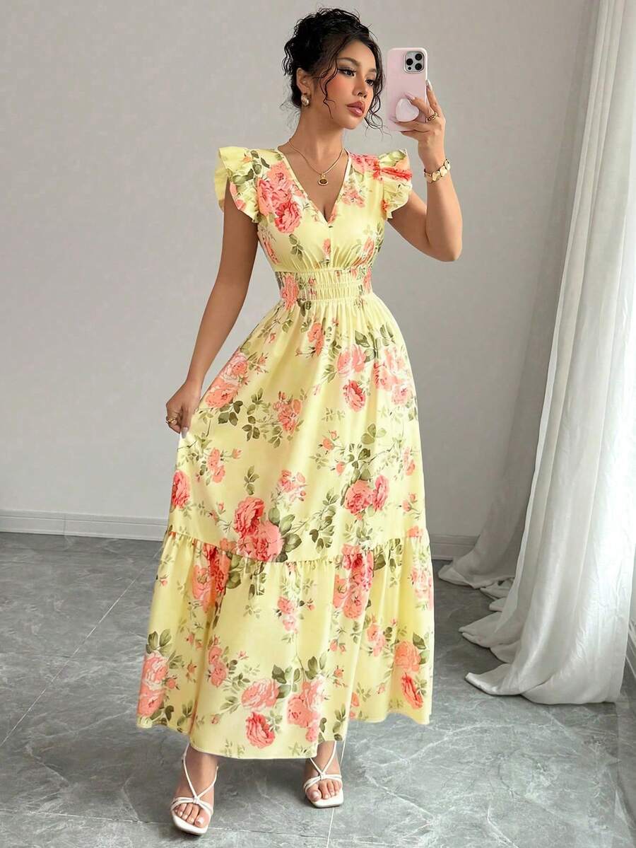 女性春夏ボヘミアンマキシドレス、ピンクイエロー花柄 V ネックキャップスリーブエレガントな休暇リゾートホリデーアウトドア服