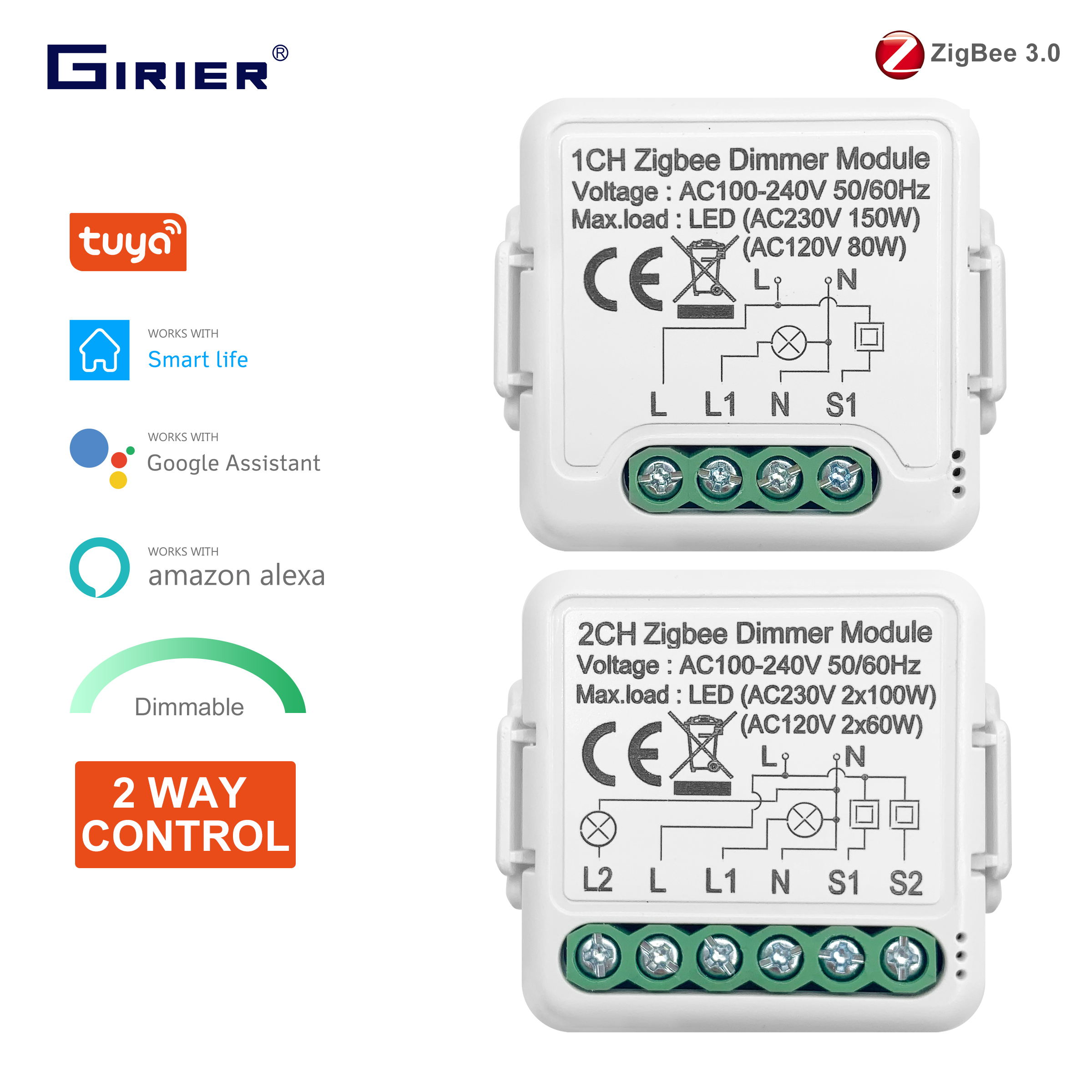 GIRIER Tuya ZigBee 3.0 スマート調光スイッチモジュール、2 ウェイ制御調光可能なライトスイッチをサポート、Alexa Google Home と連携