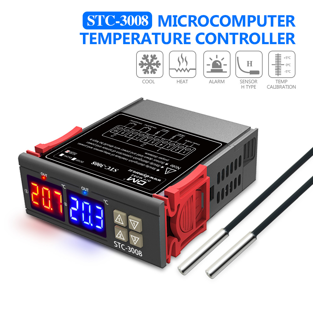 STC-3008 デュアルデジタル温度コントローラー DC12V/24V AC110-220V 温度レギュレーター、ヒーターおよびクーラーサーモスタット付き