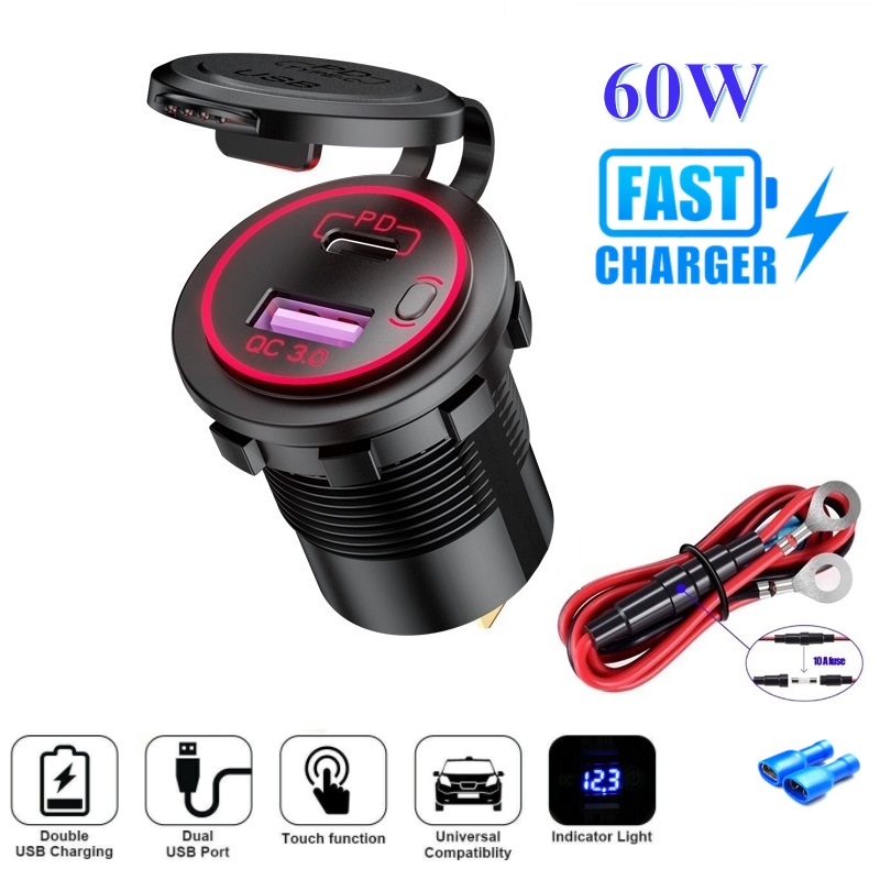 60 ワット PD タイプ C/QC 3.0 USB 車の充電器スイッチソケット電源コンセントアダプタ防水 12V 24V 車のトラックボート RV オートバイ
