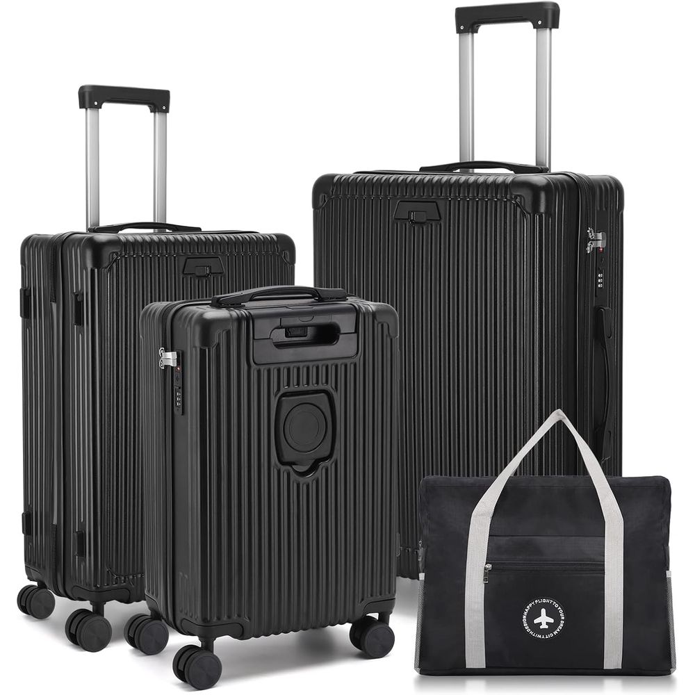 TSAロック、ダブルスピナー、USBポート、カップホルダー付き軽量ハードシェルスーツケース3点セット