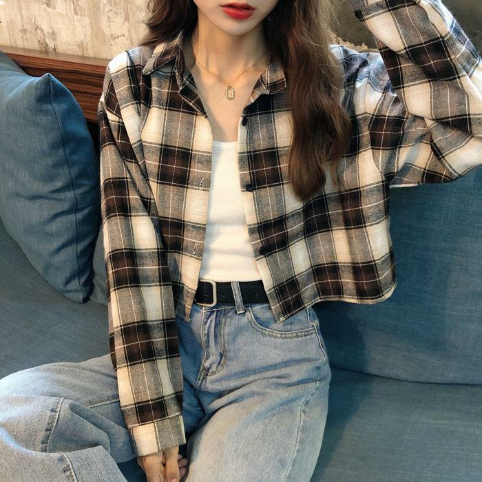 女性のチェック柄 irt ルーズフィット ort Sve ロング Sve 秋春 Faion 韓国 Sle 学生カジュアルアウターコート