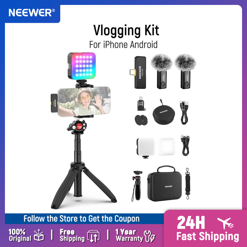 NEEWER Vlogging キット 電話用 RGB LED ライト/ラベリアワイヤレスマイクシステム/自撮り棒三脚付き iPhone Android 用