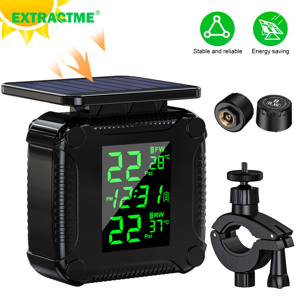 Extractme TPMS オートバイタイヤ空気圧監視システム LCD ディスプレイソーラー充電防水タイヤ温度警報センサー