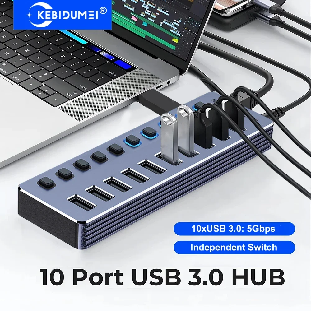 KEBIDUMEI 10 ポート USB 3.0 ハブ 5Gbps 高速スプリッター、独立したスイッチ付き USB ドッキングステーション、ラップトップ、デスクトップ PC 用