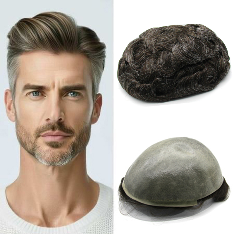 男性用かつら、男性用ショートトッパーヘアピース、かつらテープ付き、白い抜け毛をカバーするヘアエクステンションのクリップ