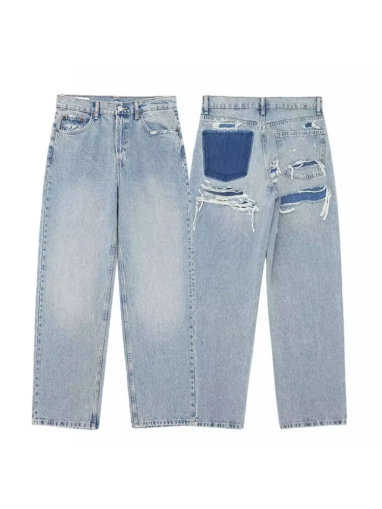 HH 2024 女性のストリートファッションデニムブルージーンズダメージ加工パッチワークハイウエストジッパーフライリッピングレトロロングパンツ