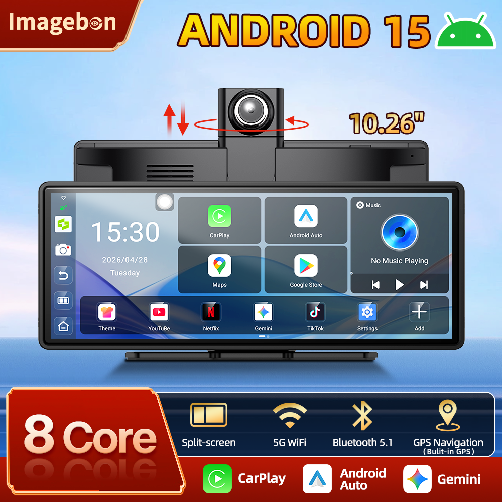 Imagebon P60 10.26インチ Android 15 Bulit-in GPS ワイヤレス Carplay Android Auto デュアルカメラ WIFI ダッシュカム GPS ナビゲーション ビデオ レコーダー