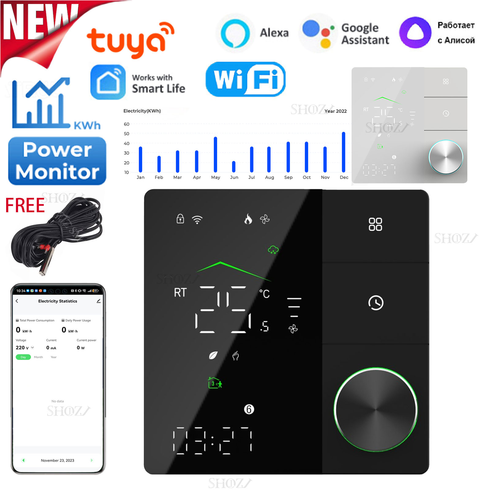 Tuya WiFi スマート サーモスタット 電力監視機能付き、フィルム赤外線電気温床暖房システム用音声制御、16A