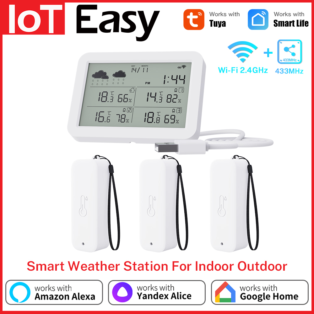 Tuya WiFi 気象ステーション屋内屋外温度計湿度計 RF433 温度湿度センサー壁時計 IP65 防水