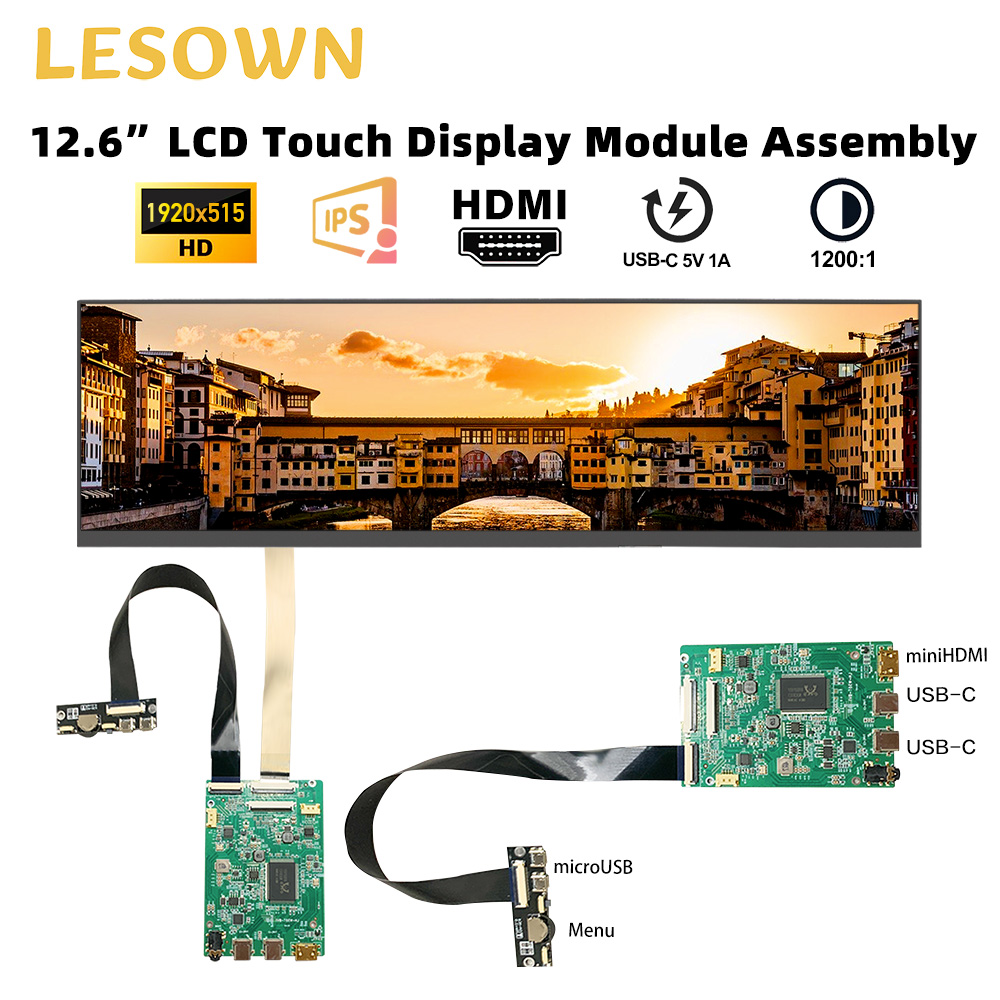 LESOWN 12.6 インチ MiniHDMI USB C LCD 細長いディスプレイ画面モジュール 1920x515 パネル IoT デバイス DIY プロジェクトカーコンピュータ用