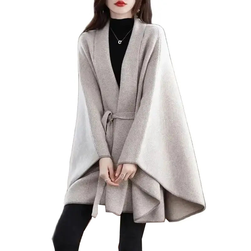 女性のケープショールコート 2024 新しい女性ニットジャケットミッドロングカーディガン秋冬厚いニットセーター