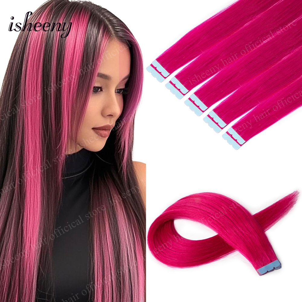 Isheeny 12' 16' 20' テープヘアエクステンション目に見えない粘着テープヘアエクステンション 10 ピース/パックピンクパープルブルーカラフルな髪