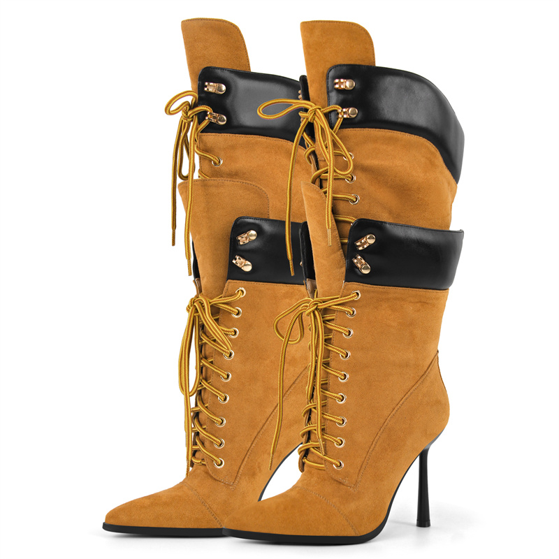 Onlymaker Women Pointed Toe Double Stiletto Heel Lace Up Mid-Calf Boots Faux Suede Nightclub Party  Daily Heel Stylish  Boots