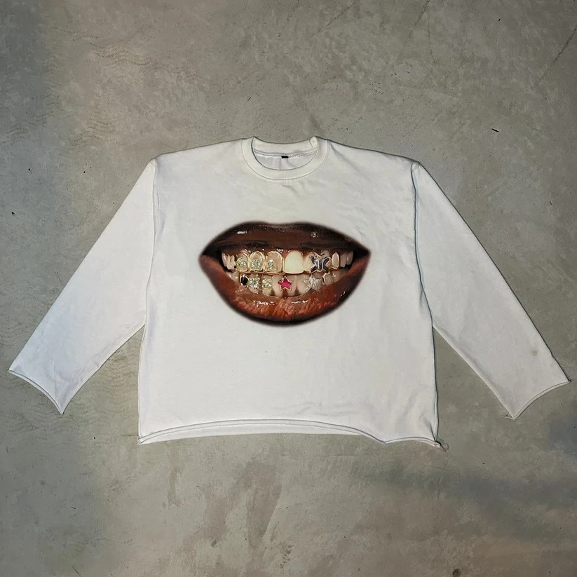 ヒップホップストリート長袖歯 Tシャツ男性原宿レトロスポーツハイストリートジャージトップス男性と女性の潮トップス