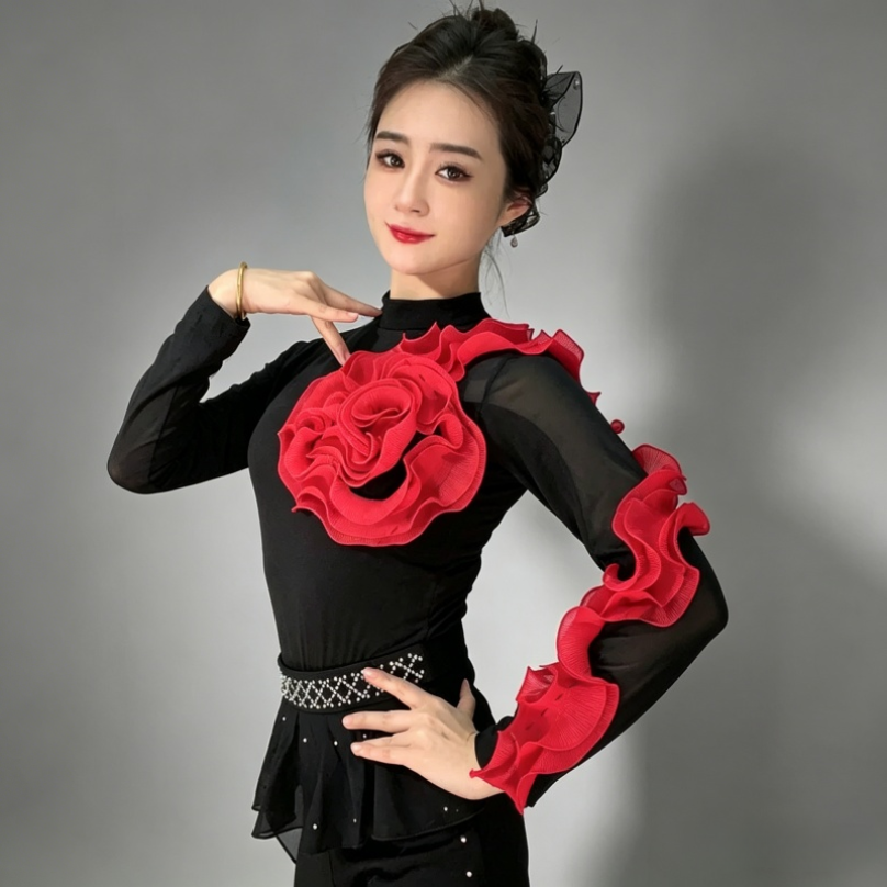 新しいモダンダンス衣装女性のラウンド Ne ビッグフラワーアームラップスクエアダンストップ弾性夏 irt ポリエステル生地