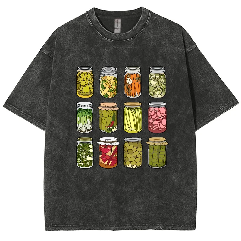 漫画キムチプリント Tシャツレトロウォッシュコットンラウンドネック半袖カジュアルファッションデザインユニセックスベーシックトップ