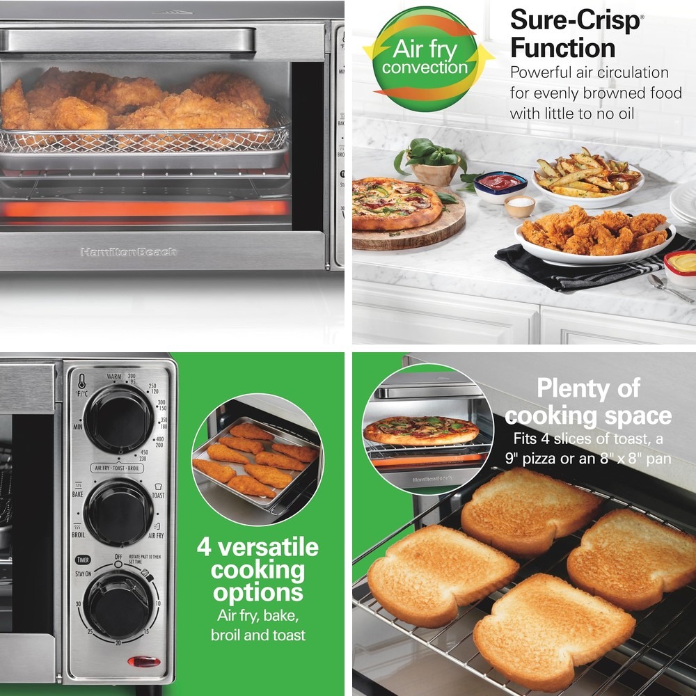 ハミルトンビーチ シュアクリスプ エアフライヤー トースター オーブン コンボ、9インチピザに適合、4スライス容量、強力な空気循環、自動