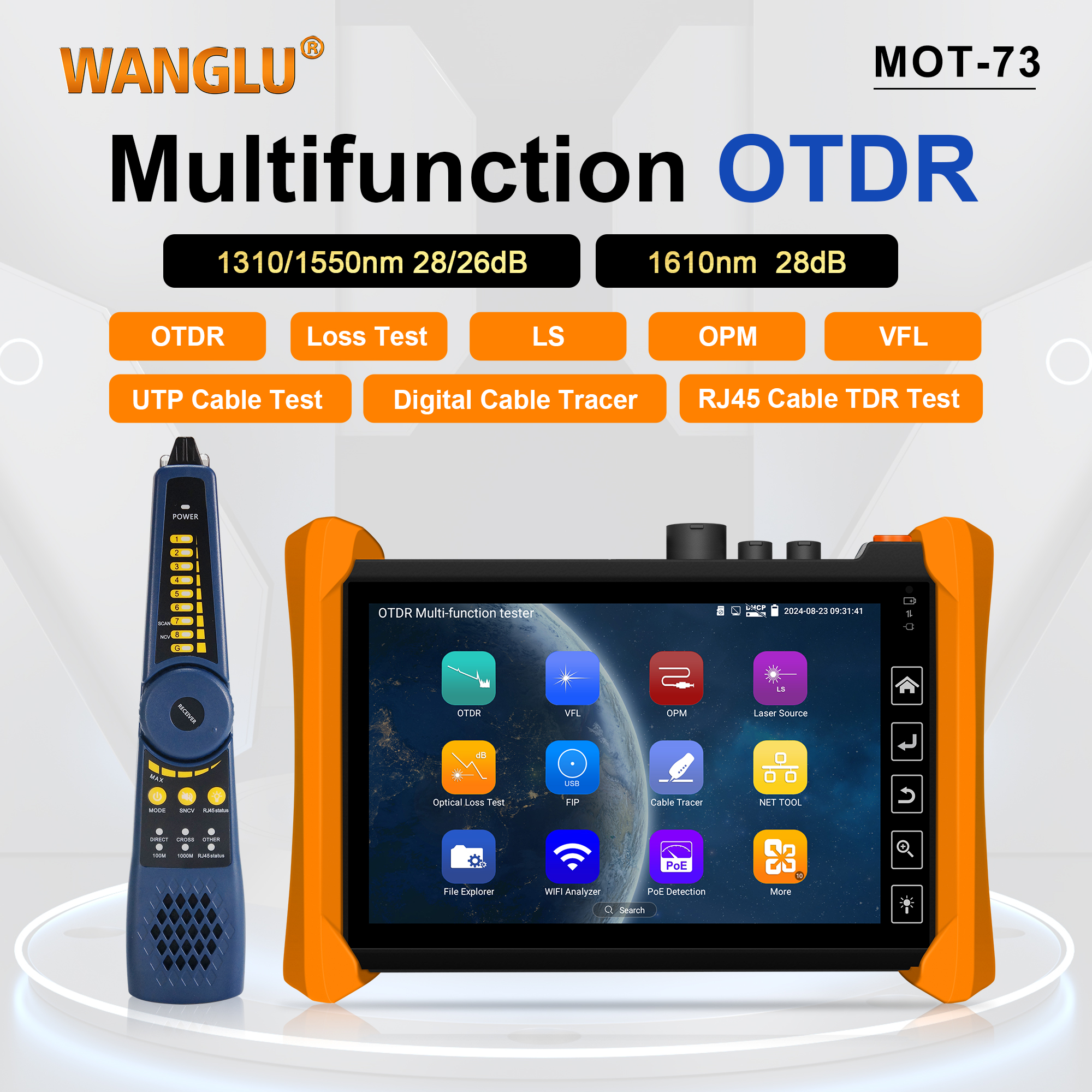 WANGLU 多機能 OTDR ファイバーテスター 光反射率計 7 インチ MOT-73 1310/1550nm 1610nm OPM VFL LS UTP LAN イベントマップ付き