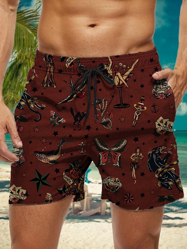 2025 夏の新 3d タトゥーレトロプリントメンズストリートヒップホップカジュアルショーツ男性の夏のスイムショーツ巾着カジュアルショーツ