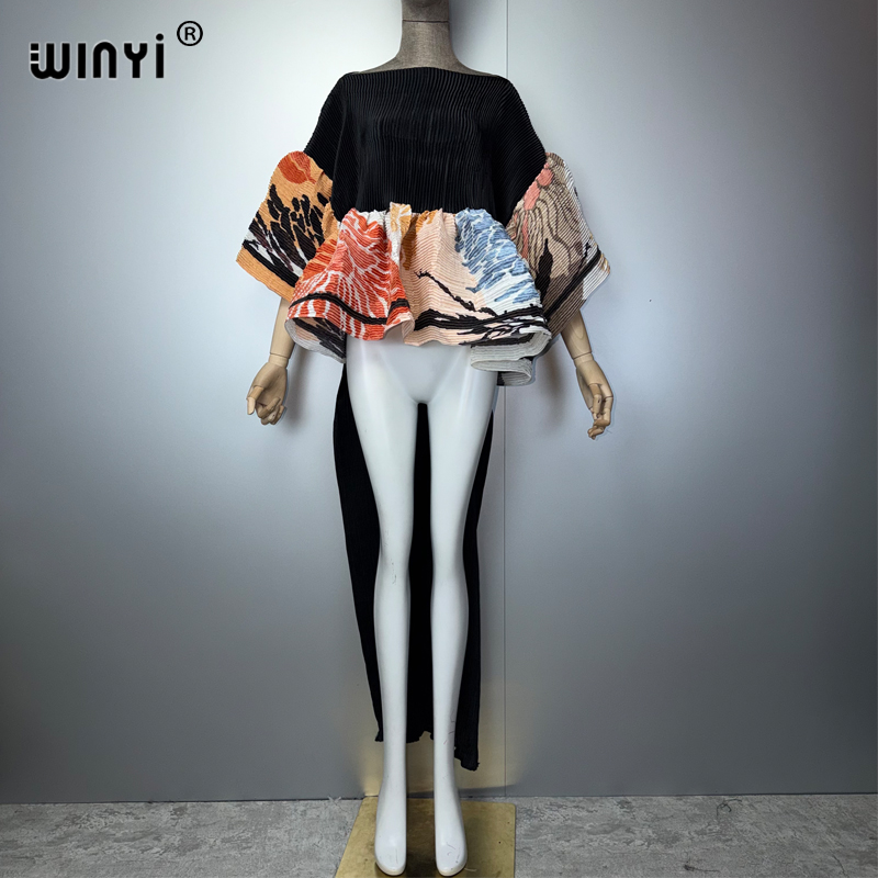 WINYI プリーツプリントトップドレス女性クシャクシャデザインルーズローブプリーツセクシーなマキシパーティードレスポンチョ女性のための