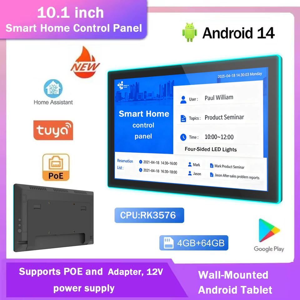 2026 新しい 10 インチ スリム スマート ホーム コントロール パネル、壁掛け PoE Android 14 タブレット、4 つの側面 LED ライト付き Play ストア
