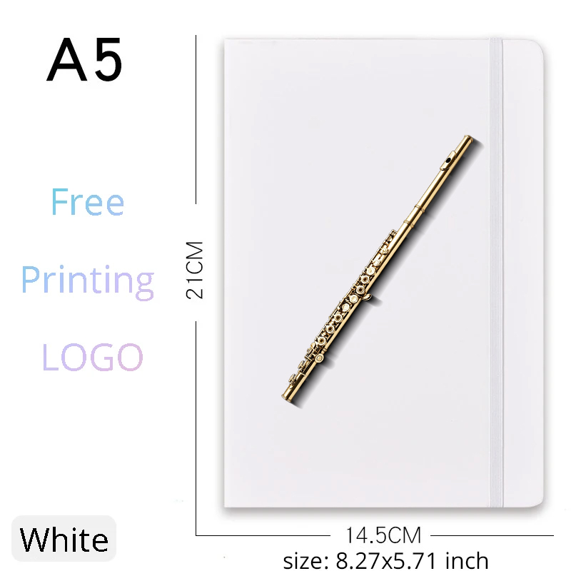 フルート柄のA5サイズノート1冊、カスタムテキスト、名前、ロゴ入り、白いゴムバンド付きジャーナル、フルート愛好家や先生へのプレゼントに最適
