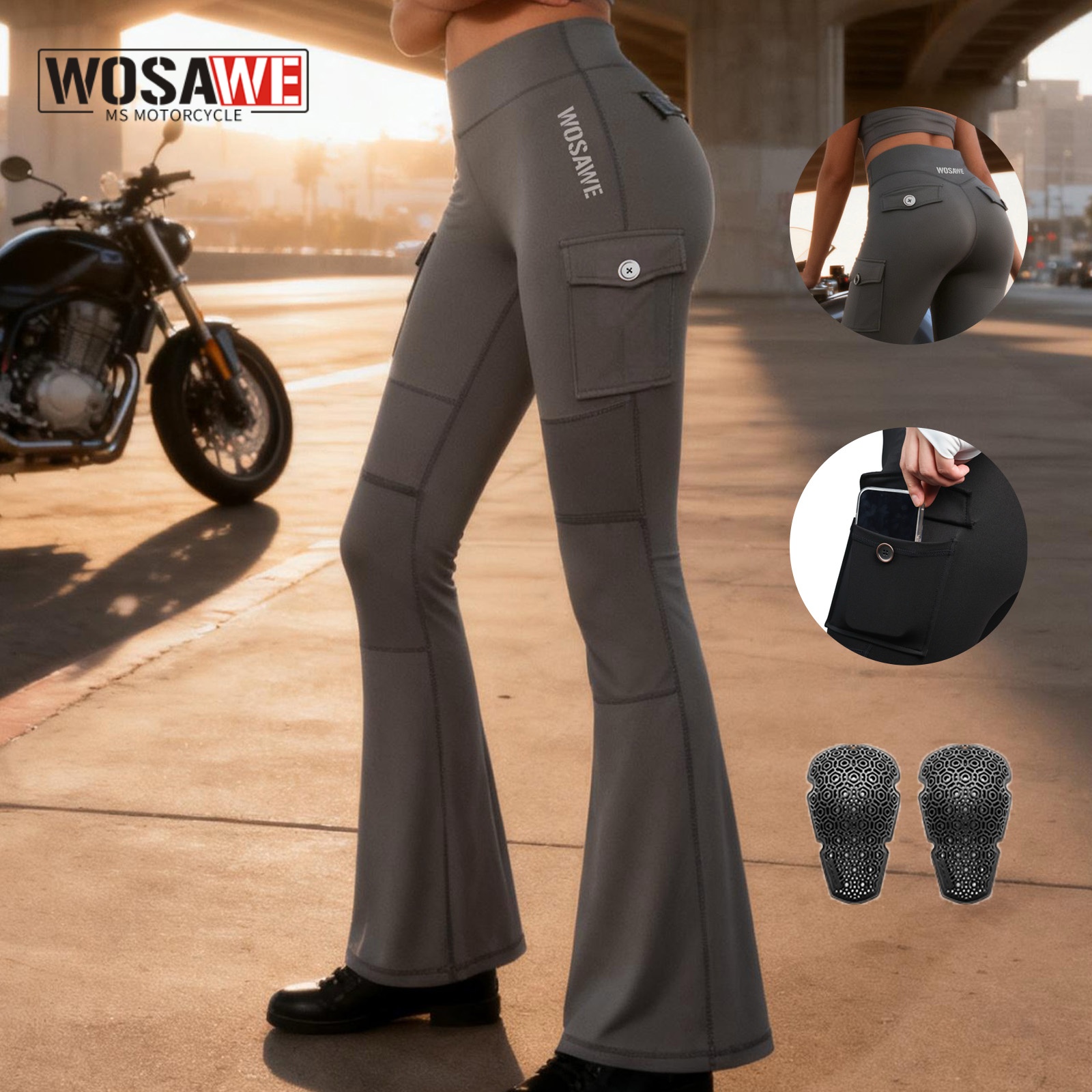 WOSAWE 女性のオートバイスリムフィットパンツ夏通気性バイク乗馬ズボンカジュアルパンツ膝パッド付き