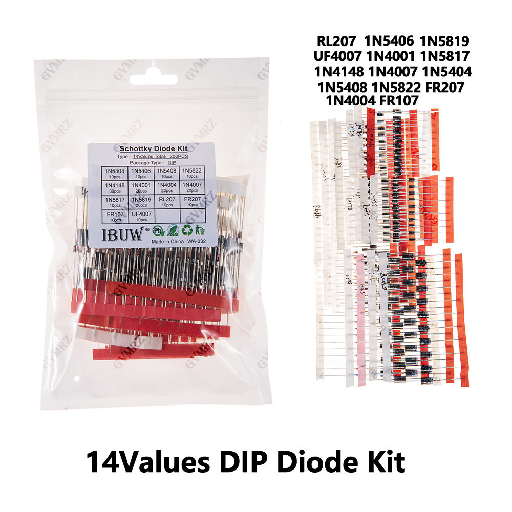 200 個 14 値 DIP ダイオードキット 1N4148 1N4007 1N5404 エレクトロニクスプロジェクト用 1N5817 1N5406 1N4001 1N5819 1N5408 1N4004 1N4004