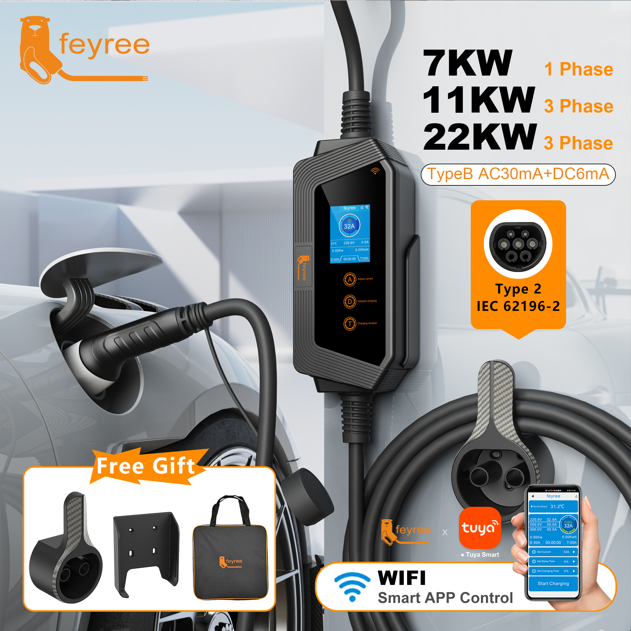 Feyree ポータブル EV 充電器 Type2 22KW 11KW 3P 急速充電 32A 7KW 1P スマート APP Wi-Fi 制御電気自動車車の充電器用
