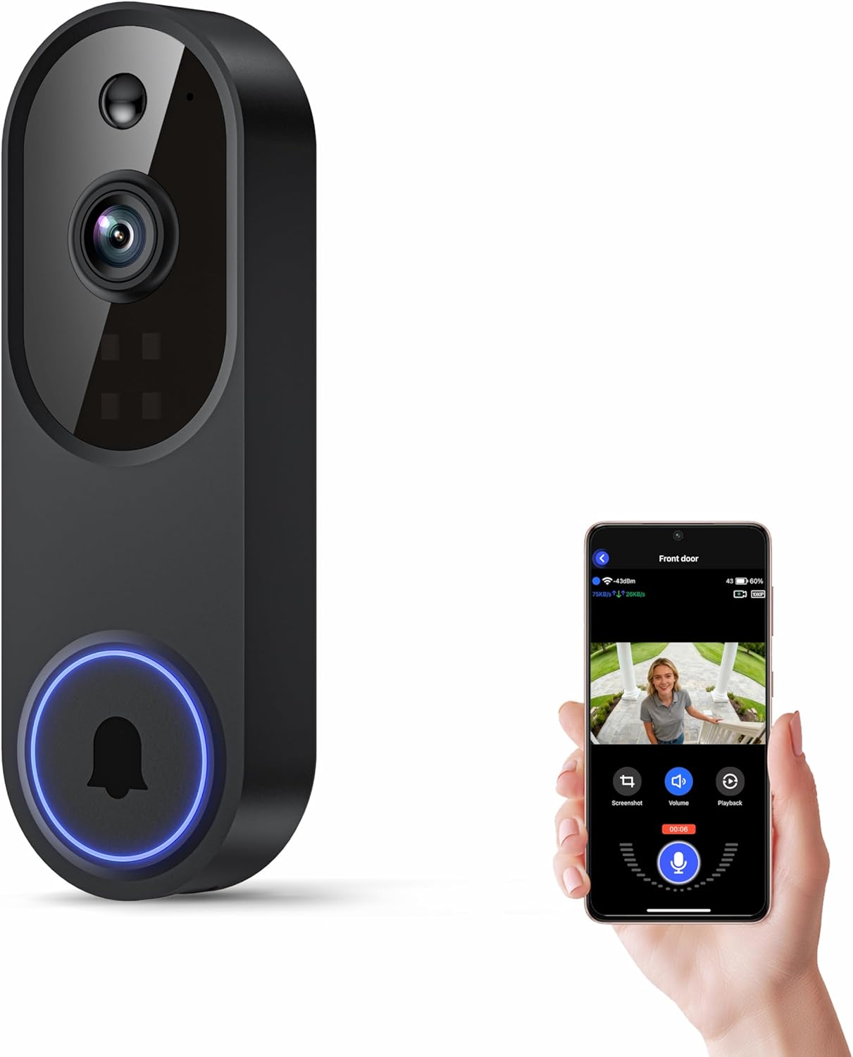 双方向音声、AI モーション検出、ナイトビジョン、クラウドストレージ、2.4G Wi-Fi 付きワイヤレス Wi-Fi ビデオドアベルカメラ (ブラック)