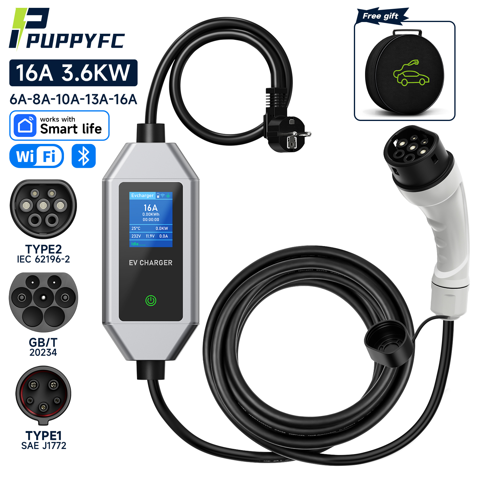 Puppyfc 3.6KW 16A ポータブル EV 充電器 Type2/Type1 高速電気自動車充電 GBT ケーブル APP/WiFi 防水軽量