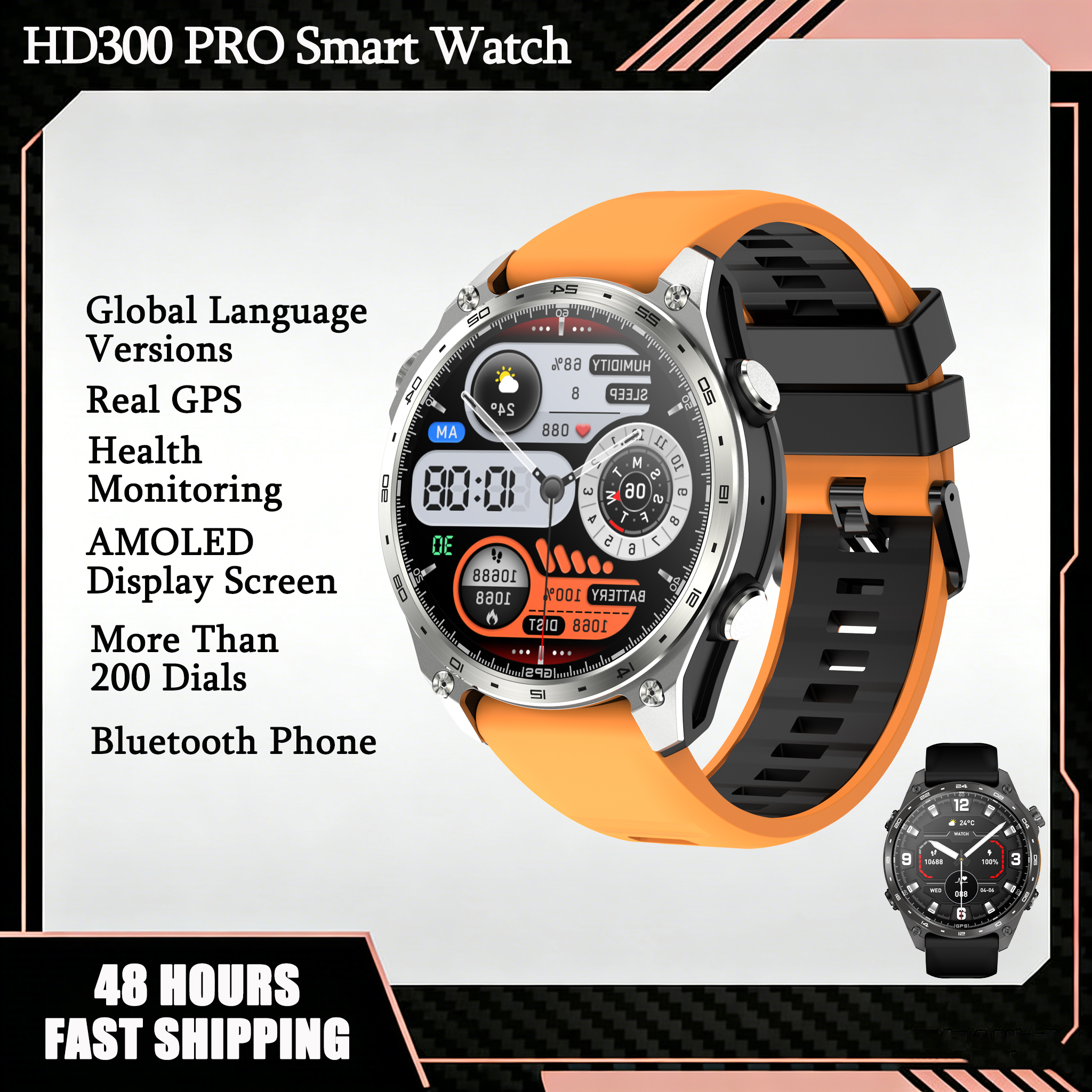 GPS スマートウォッチ屋外 HD300Pro スポーツウォッチオフラインマップ 5.4Bluetooth 通話防水健康旅行ダイビングスマートウォッチ