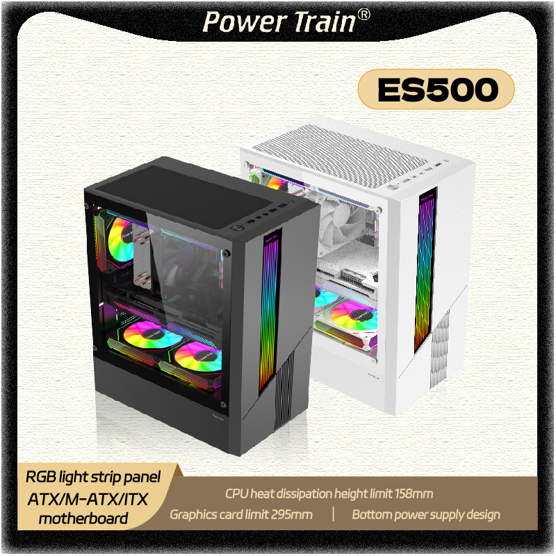 パワートレイン ES500 M-ATX ATX RGB ライトストリップパネル側透明 ITX PC ゲーミングケースデスクトップコンピュータケース Gabinete ゲーマー