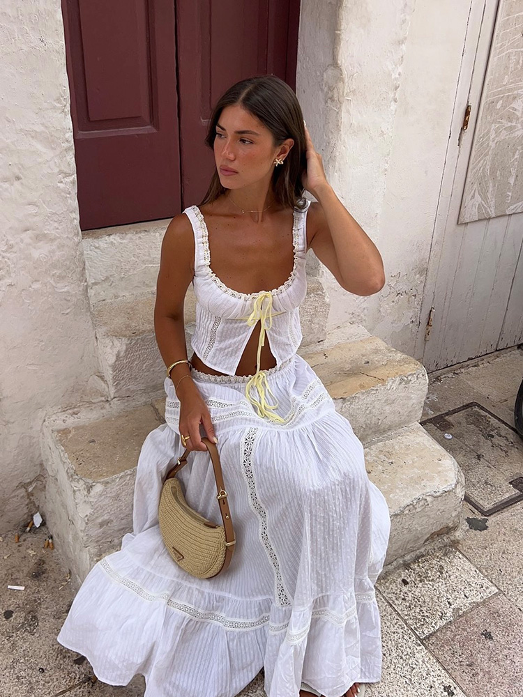 ホワイトレーススカートセット女性のドレス衣装夏のビーチ綿マッチングセット 2 個ロングマキシドレスセット Vestidos 女性 2025