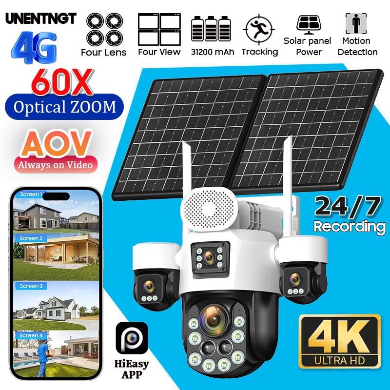 60X 光学ズーム AOV 4 グラムホーム屋外監視ソーラーカメラ 20MP 24/7 記録 4 画面自動追跡セキュリティカム 31200 MAh