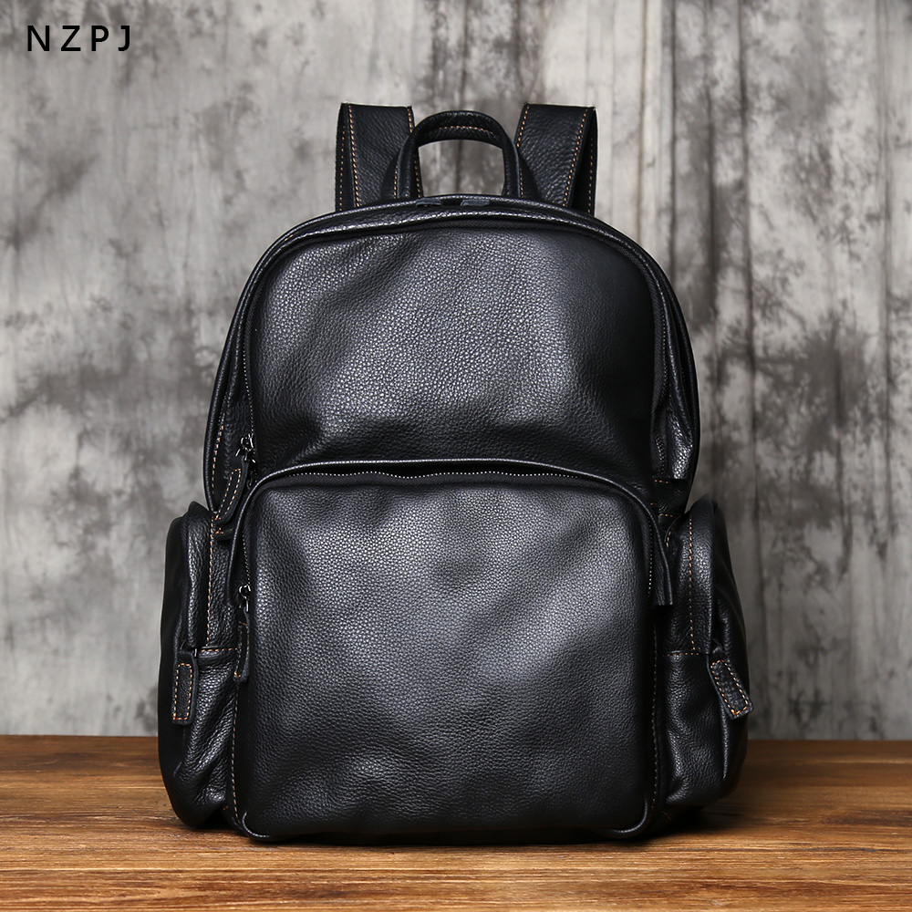 NZPJ レザーメンズバックパック天然牛革通学カジュアルトラベルバッグブラックファッションコンピュータバッグ容量 16 インチのラップトップ