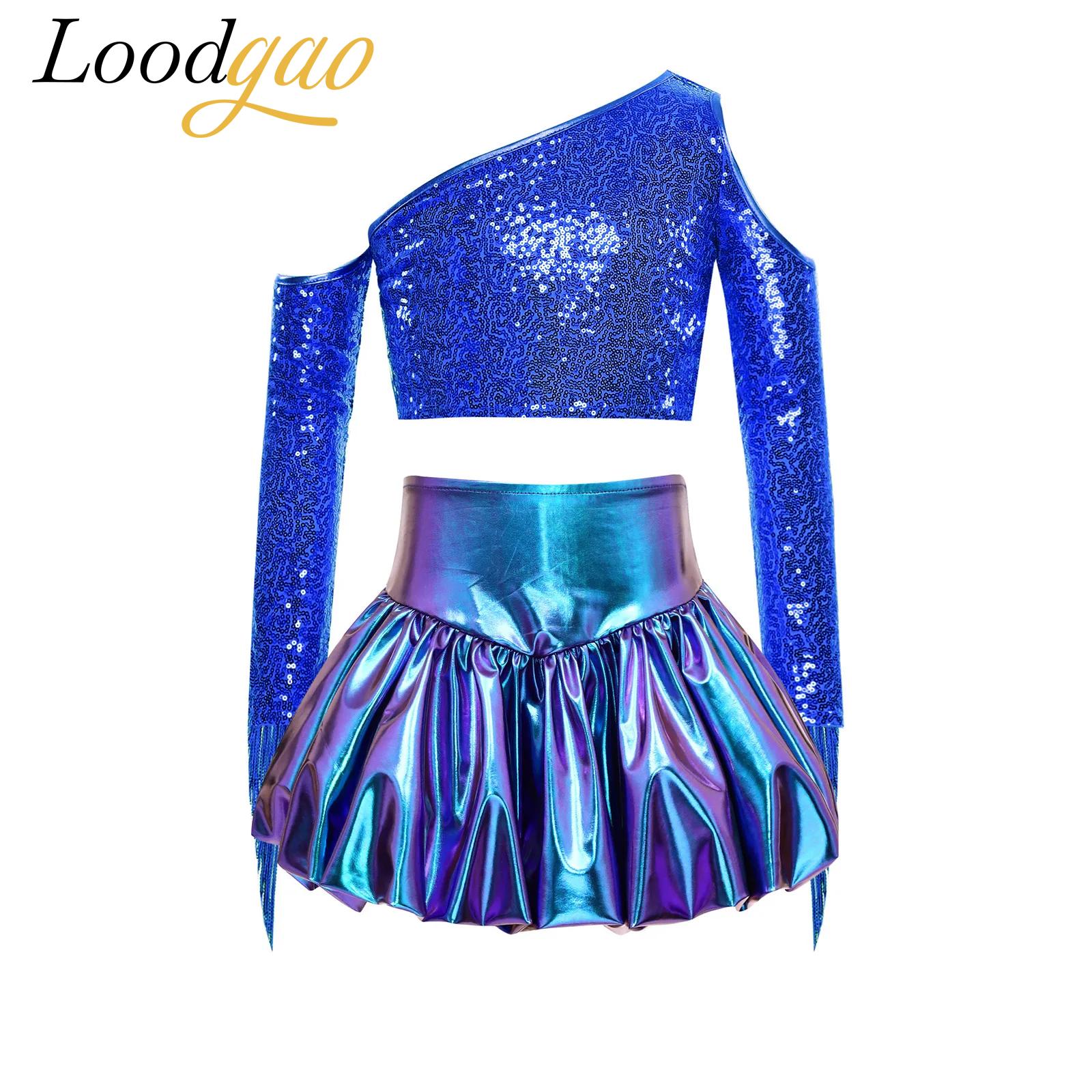 キッズガールズ 70 年代ディスコストリートダンス服メタリックステージ衣装光沢のあるタッセルストリートチャイルズプロムパーティーパフォーマンス衣装