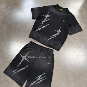 OEM メンズショーツ＆Tシャツセット　ジム用オーバーサイズカジュアル2点セット　酸洗い加工のストリート系スポーツウェアセット　ブラックTシャツ＆ショーツセット
