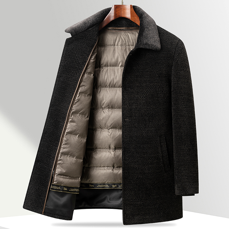 2024 Winter New Men's Woolen Coat Medium Long Detachable Down Inner Tank Middle aged Dad's Woolen Coat Warm and Cold Resistant