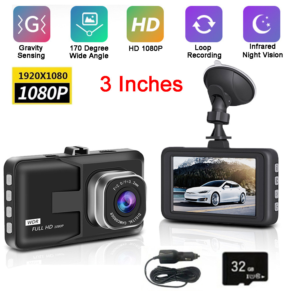 1080P HD ダッシュレコーダー 3 インチ画面ダッシュカム車両ビデオレコーダー 24 時間 170° 広角ナイトビジョン車カメラサイクル録画