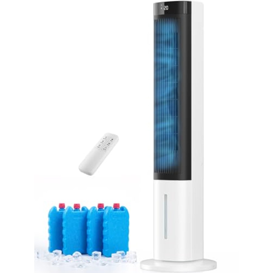 寝室用ポータブル蒸発空気クーラー、プラスチックハウジング、白、120振動、4モード3スピード、取り外し可能なウォータータン