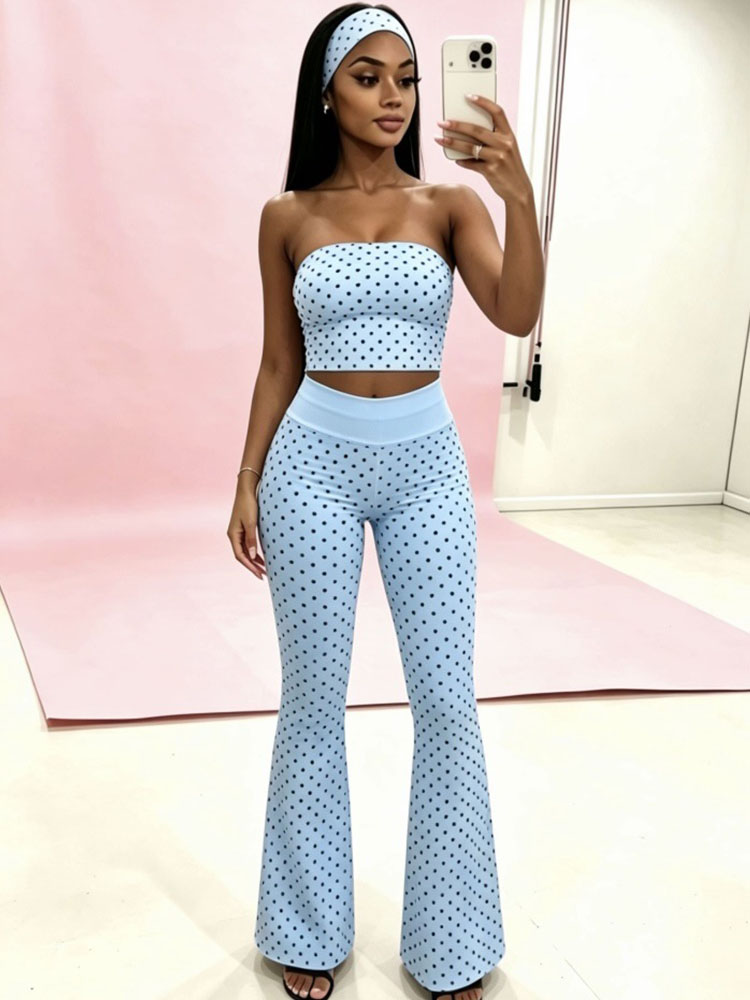 Polka Dot 2 Pieces Set for Woman Outfit Birthday Party Club Wear Strapless Crop Top and Flare Pants Matching Sets with Headband