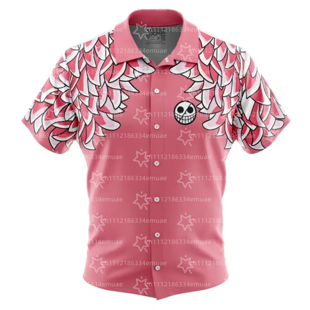 2026 ドフラミンゴ柄ワンピースボタンアップアロハシャツスポーツ速乾メンズシャツ子供服 Tシャツトップ Y2k 女性