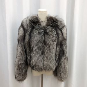 高級レディースファッションカスタムファージャケット、ナチュラルカラー、本物のシルバーフォックス厚手ファーコート