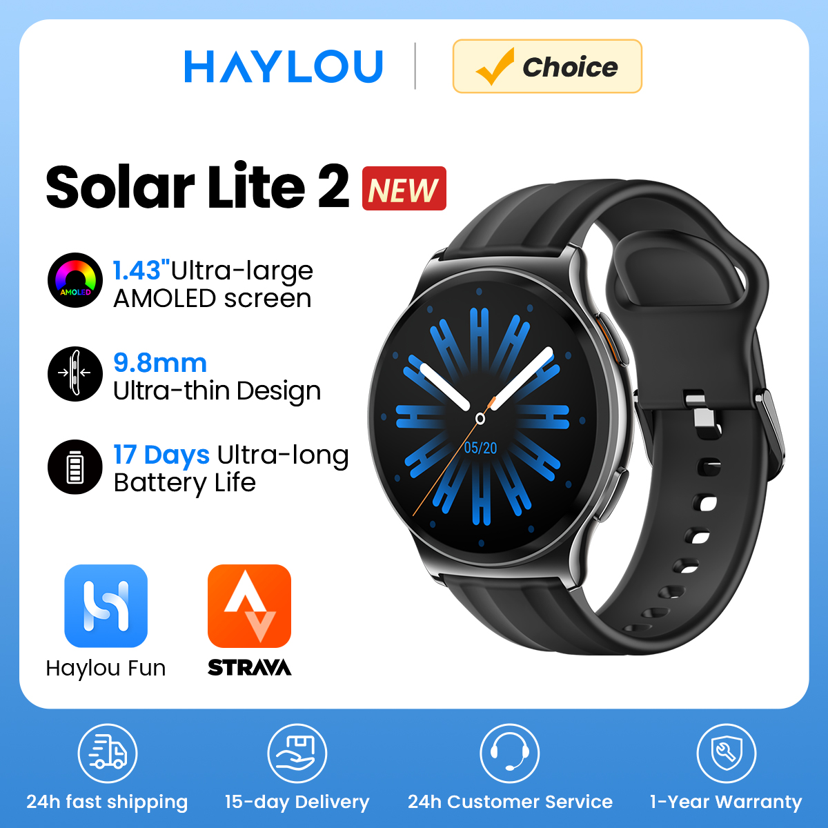 HAYLOU ソーラー ライト 2 スマートウォッチ 1.43 インチ AMOLED ディスプレイ 24 時間健康モニタリング 150 スポーツモード音声通話スマートウォッチ 1ATM