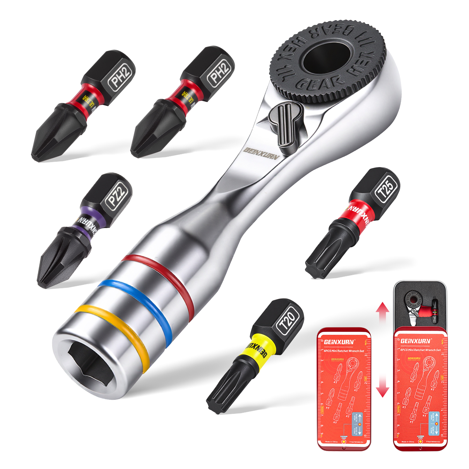 Geinxurn 6 個ミニラチェットレンチセット、ウルトラトルクビット 1 インチ PH2、PH2、PZ2、T20、T25、SQ2、ポータブルアイアンボックス付き