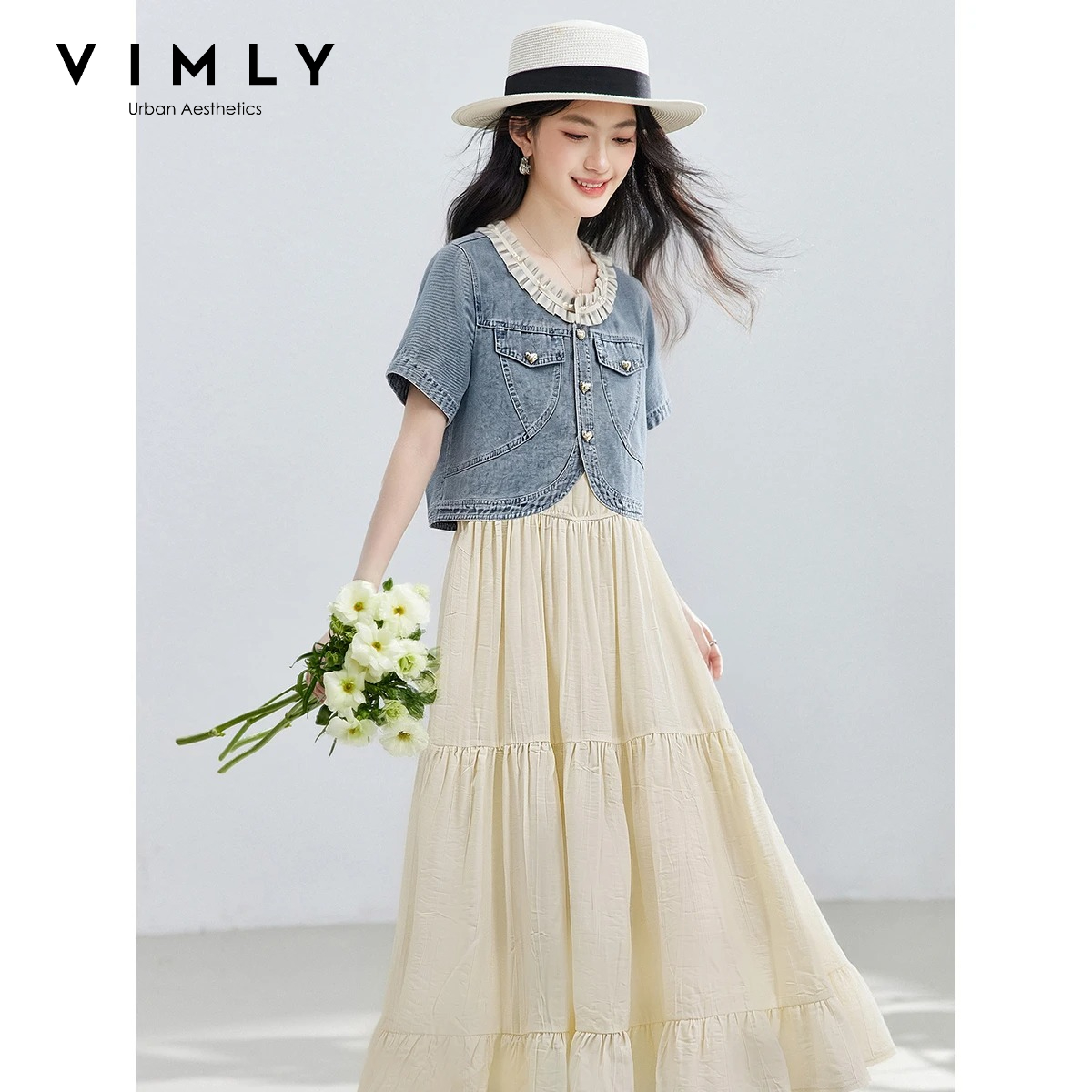VIMLY Women French Dress Set Summer 2026 New Denim Short Jacket Long Dress Two-piece Set Fashion Elegant Woman Clothing 31056