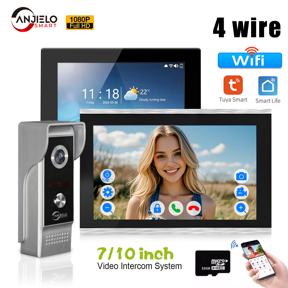 ANZIELO スマート Tuya WiFi 1080P ビデオインターホンドアベルシステム 7/10" 4 ラインモニター 2 ウェイオーディオリモートロック解除ホームセキュリティカメラ
