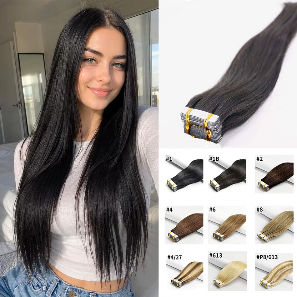 ヘアエクステンションのストレートテープ 100% 人毛スキン横糸ナチュラルブラックシームレステープ本物のレミーヘア用女性サロン品質